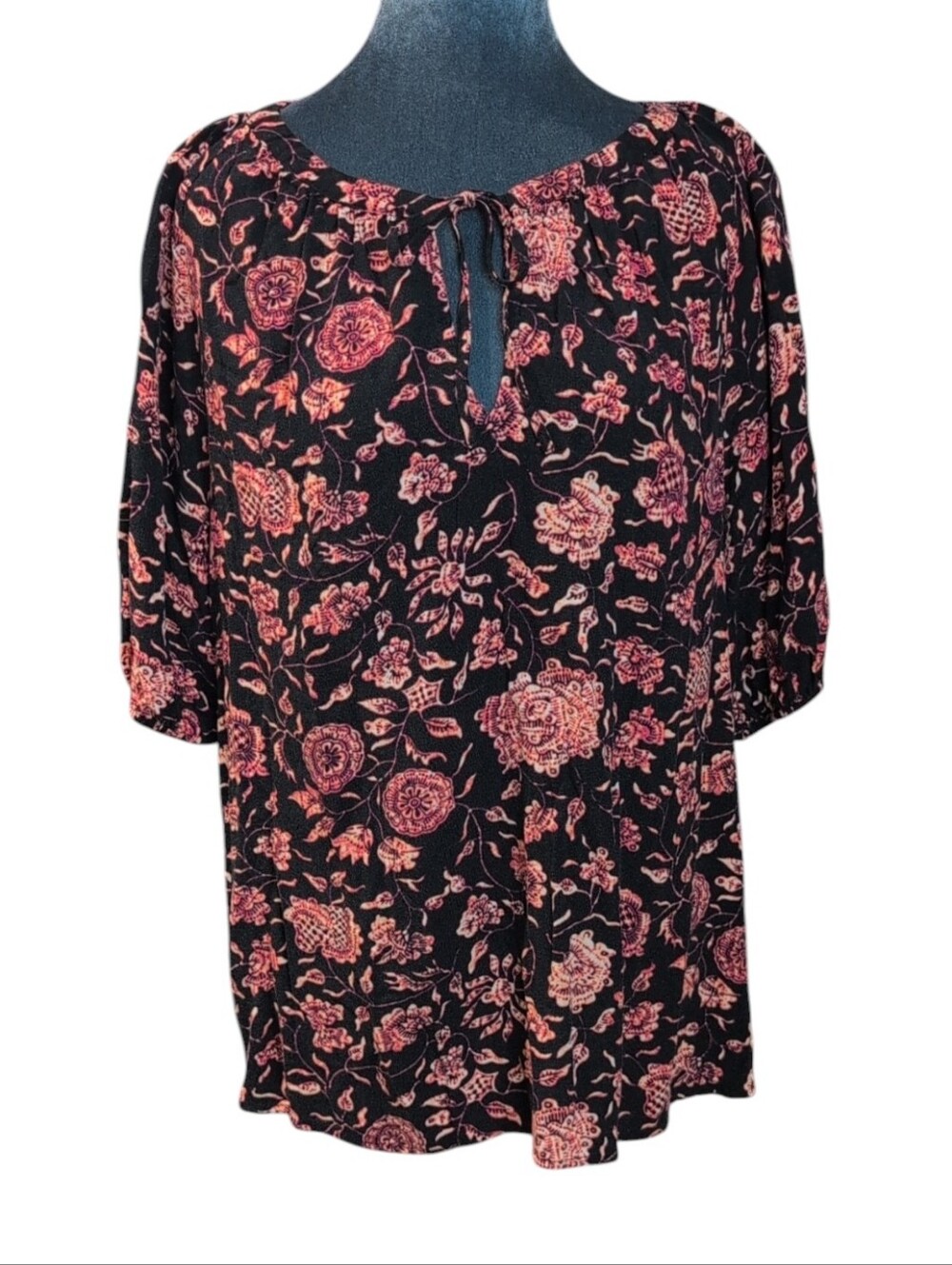 Ava & Viv Black & Orange Floral Print Short Sleeve Blouse Ties at Neck Size 2X